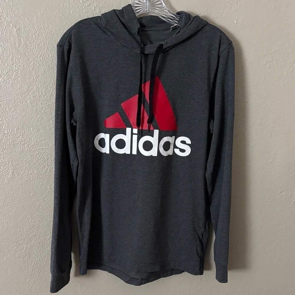 Mens Adidas Essentials Logo Lightweight Hooded Long Sleeve Shirt Gray Red, Small